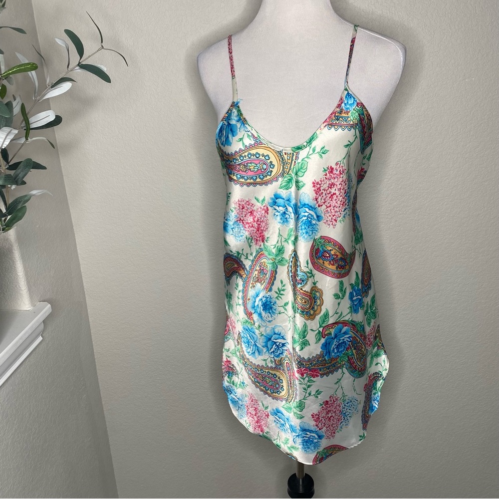 Vintage 90s Romantic Moods Satin Paisley Lingerie Slip Dress Size Medium